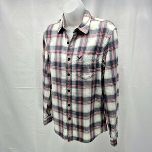 American Eagle Outfitters AE77 Flannel Shirt Blue Pink Gray Plaid XS Y2K